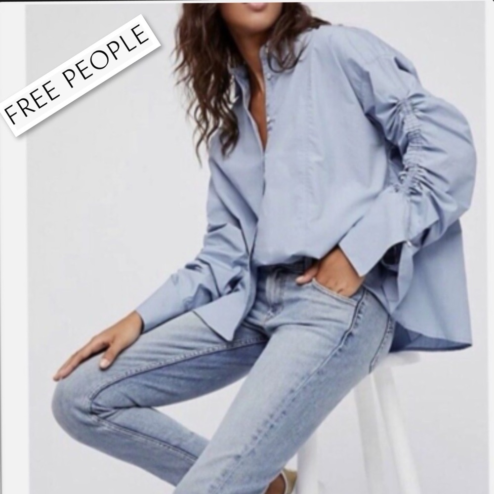 FREE PEOPLE BROWN EYED GIRL POPLIN BUTTON DOWN LONG SLEEVE SHIRT IN BLUE Sz 8